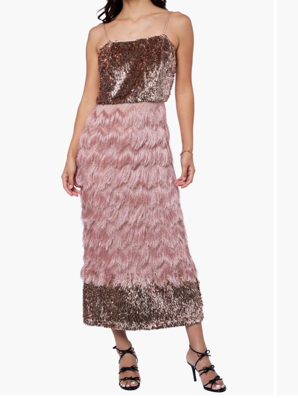 Elegant Blush Feather- sequins Trim Slip Dress